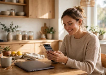 Person at home booking a train ticket on a smartphone at a bright kitchen table