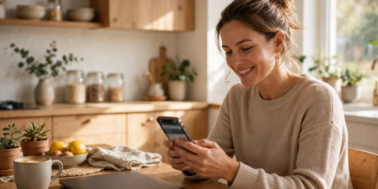 Person at home booking a train ticket on a smartphone at a bright kitchen table