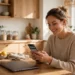 Person at home booking a train ticket on a smartphone at a bright kitchen table