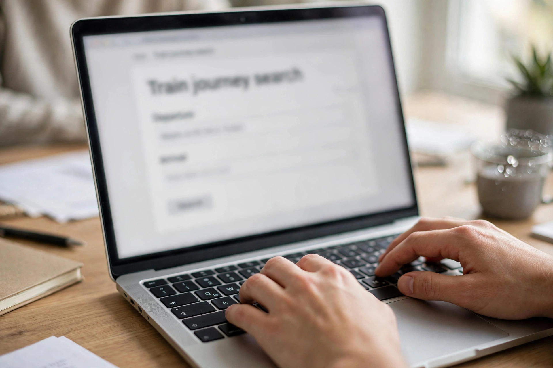 Close-up of a laptop showing a simple train journey search with departure and arrival stations