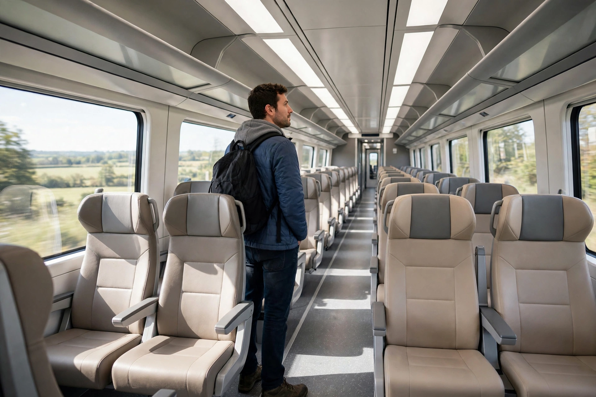 Passenger choosing a seat inside a bright, modern train carriage
