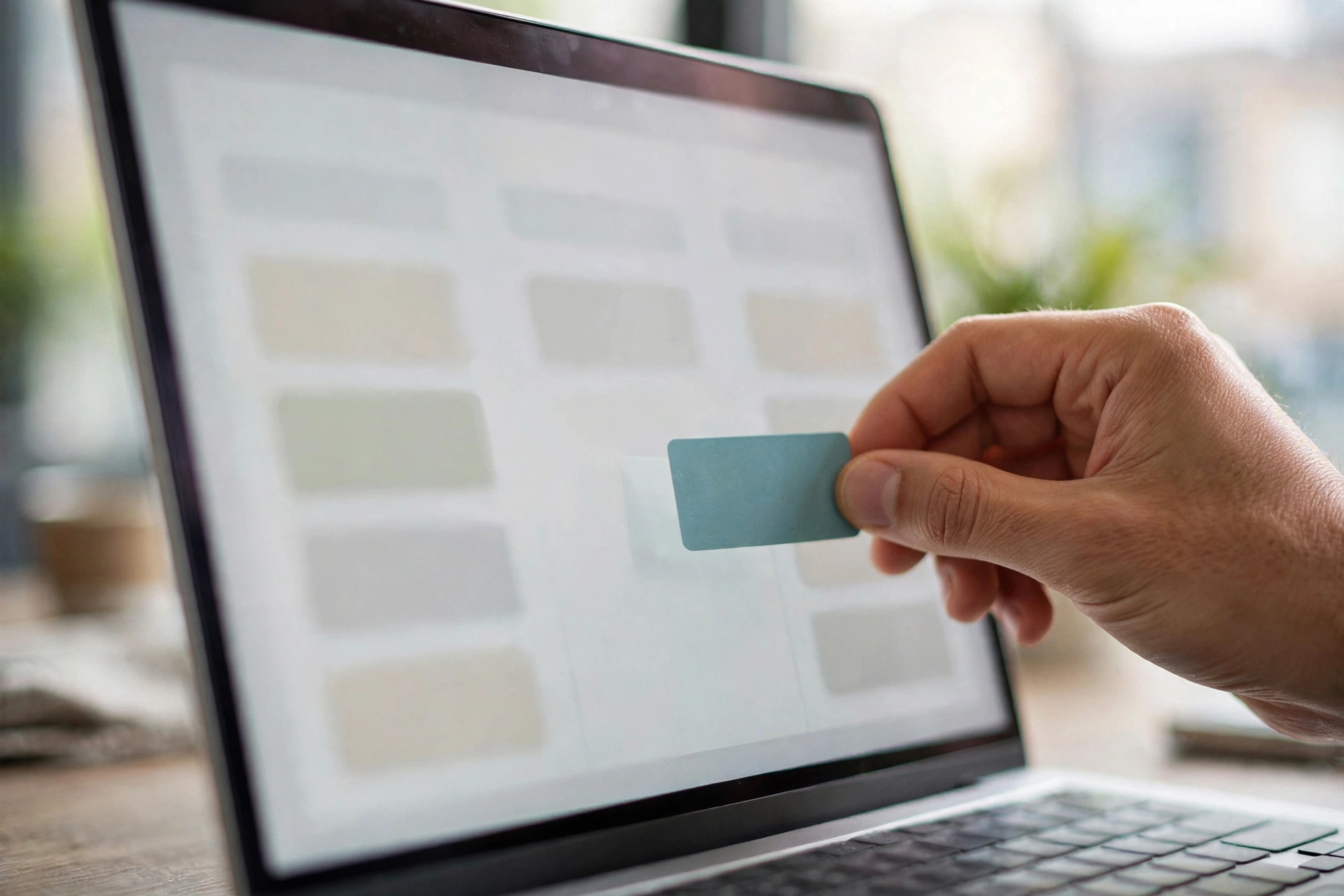 Close-up of a hand dragging a task card across a digital kanban board on a laptop screen