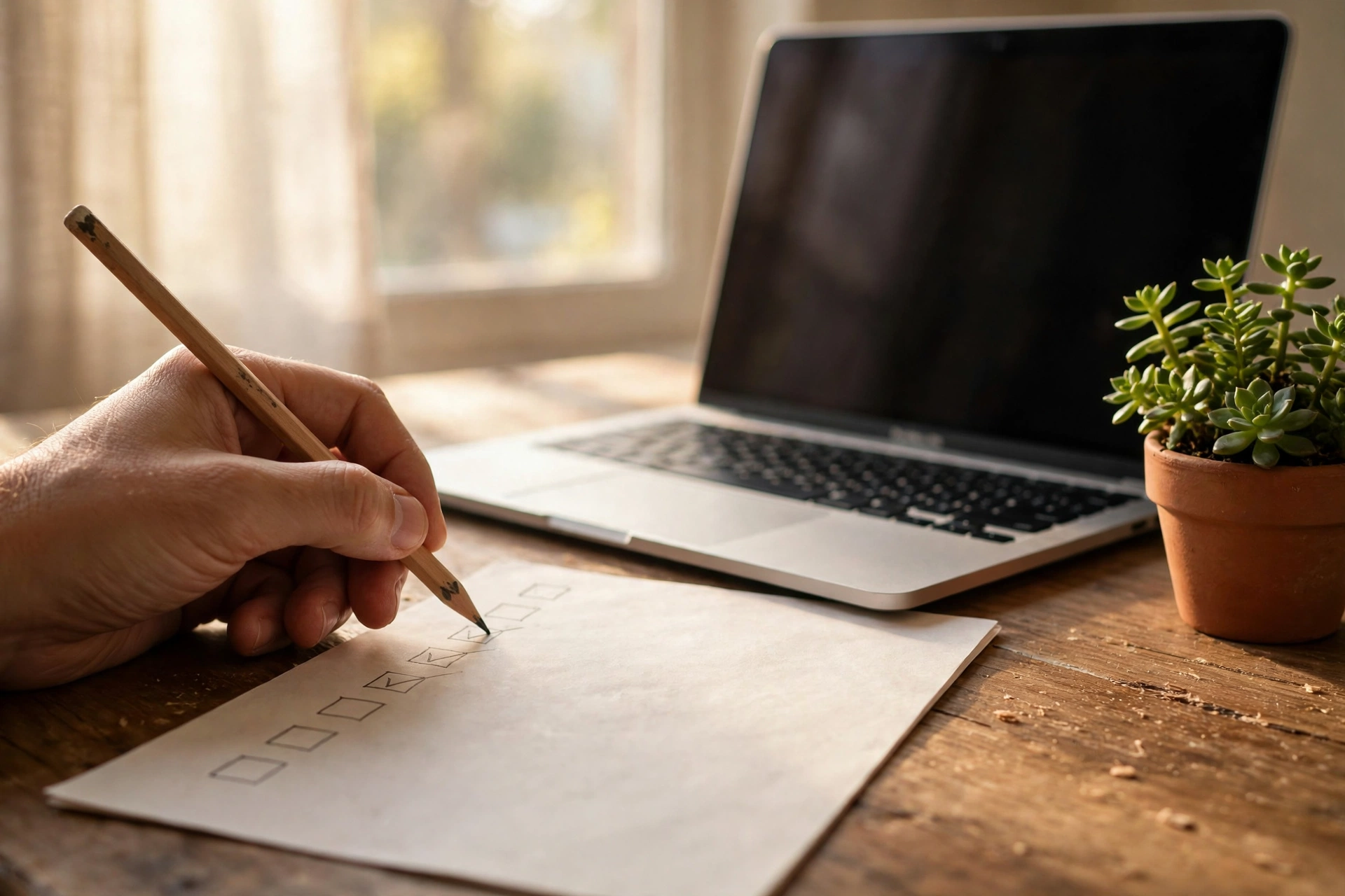 Hand ticking off items on a paper to-do list next to an open laptop and a small plant on a wooden desk