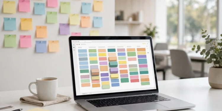 Laptop on a white desk showing a colorful task board with sticky notes on the wall behind