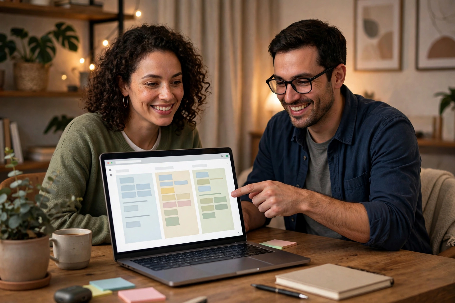 Two people looking at a laptop showing a task board, one pointing at the screen, in a home office