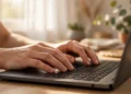 A beginner's hands resting on the home row of a laptop keyboard in a bright home office