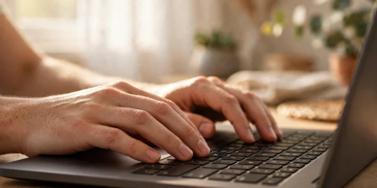 A beginner's hands resting on the home row of a laptop keyboard in a bright home office