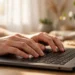 A beginner's hands resting on the home row of a laptop keyboard in a bright home office