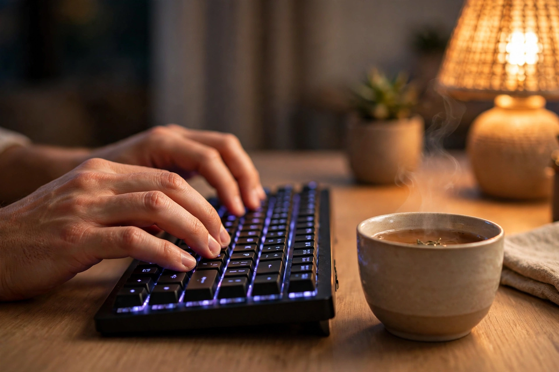 Close-up of hands typing on a backlit keyboard at a tidy desk with a cup of tea nearby