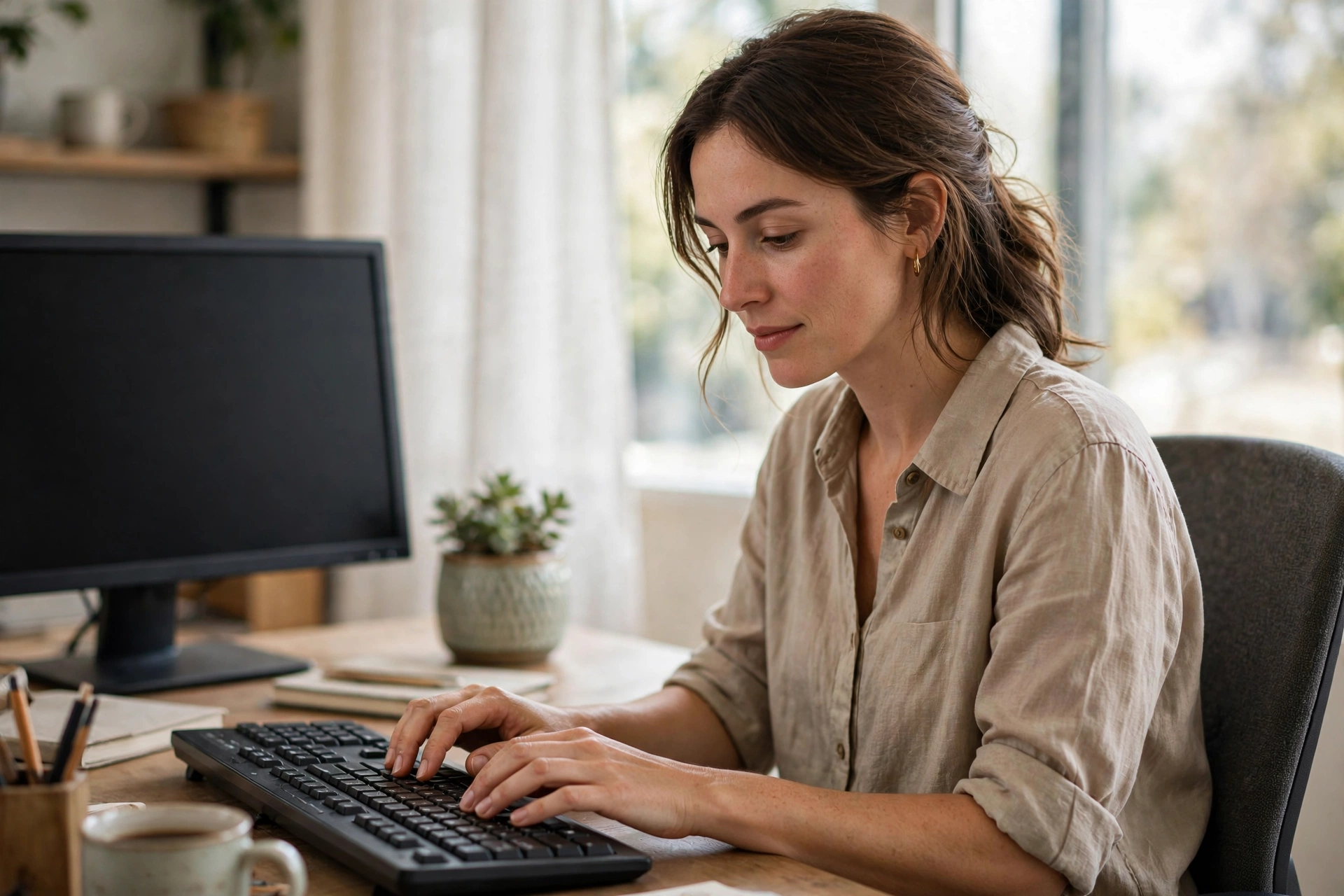 A woman sitting with relaxed posture at a desk, typing on a desktop keyboard in daylight