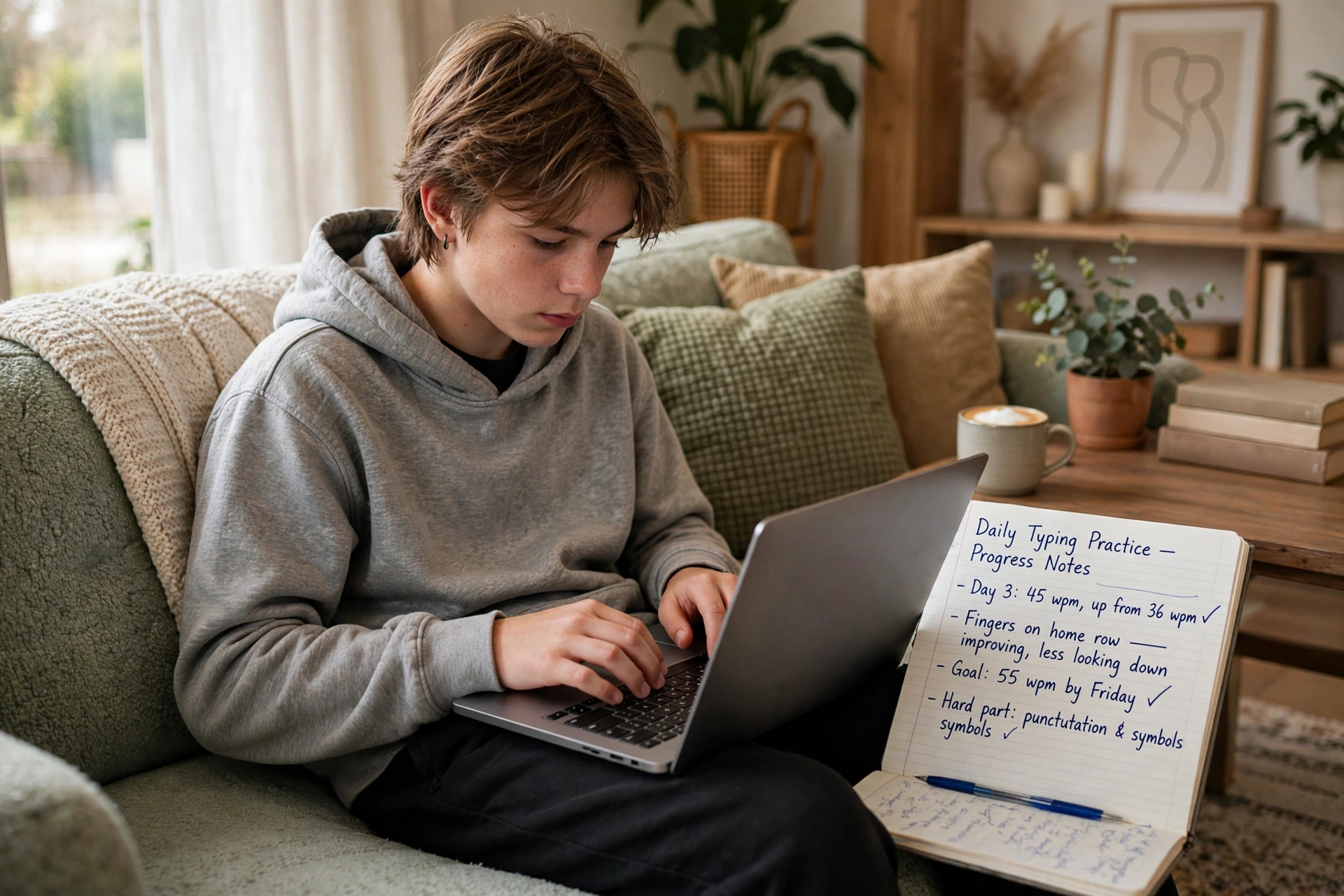 A teenager practicing typing on a laptop on a sofa with a notebook of progress notes beside them
