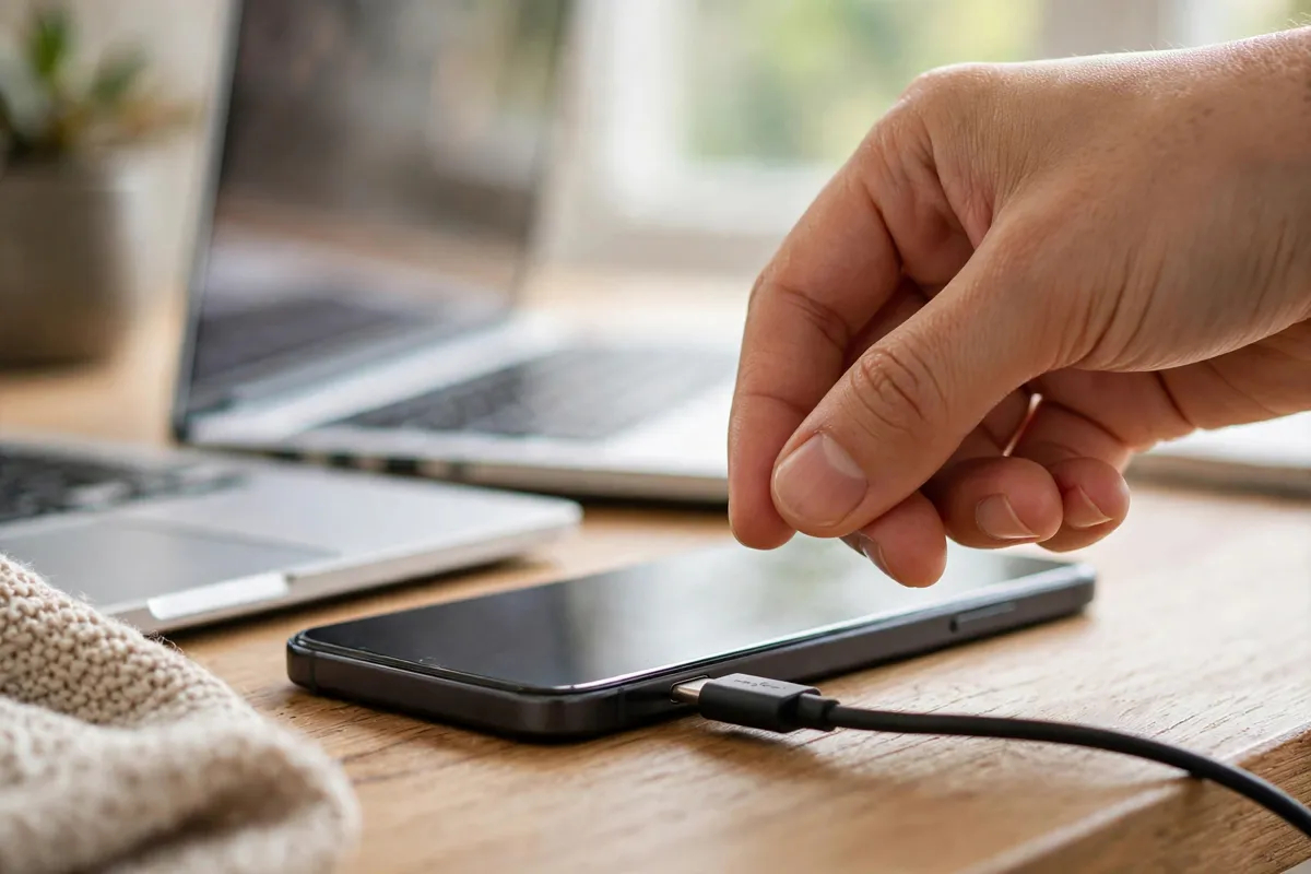 A hand plugging a USB cable into a smartphone next to a laptop on a desk