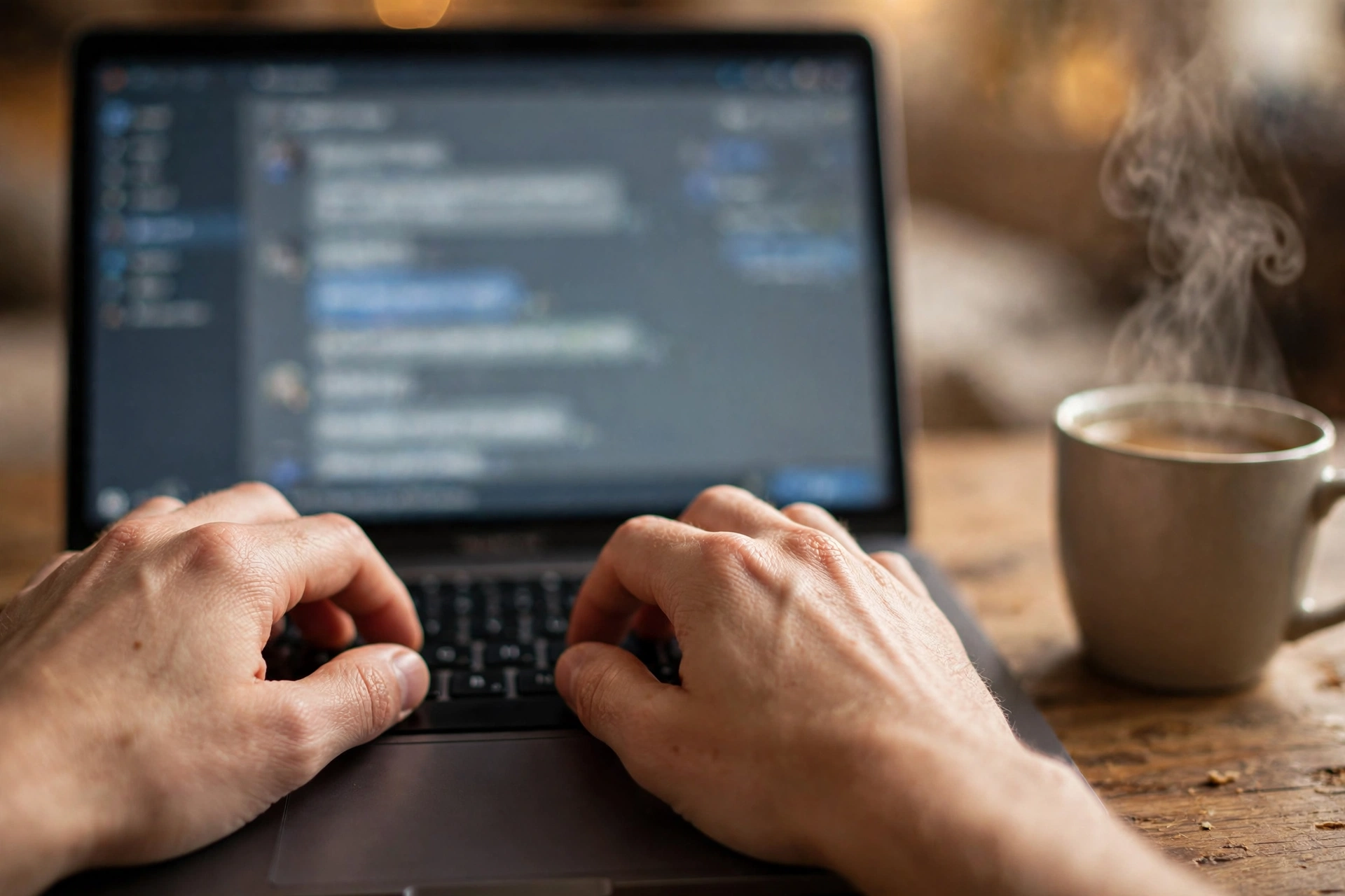 Close-up of hands typing on a laptop keyboard with a blurred chat window on screen and a coffee mug nearby