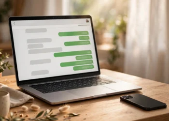 Laptop on a bright desk showing a chat window with green message bubbles, smartphone beside it