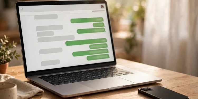 Laptop on a bright desk showing a chat window with green message bubbles, smartphone beside it