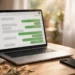 Laptop on a bright desk showing a chat window with green message bubbles, smartphone beside it