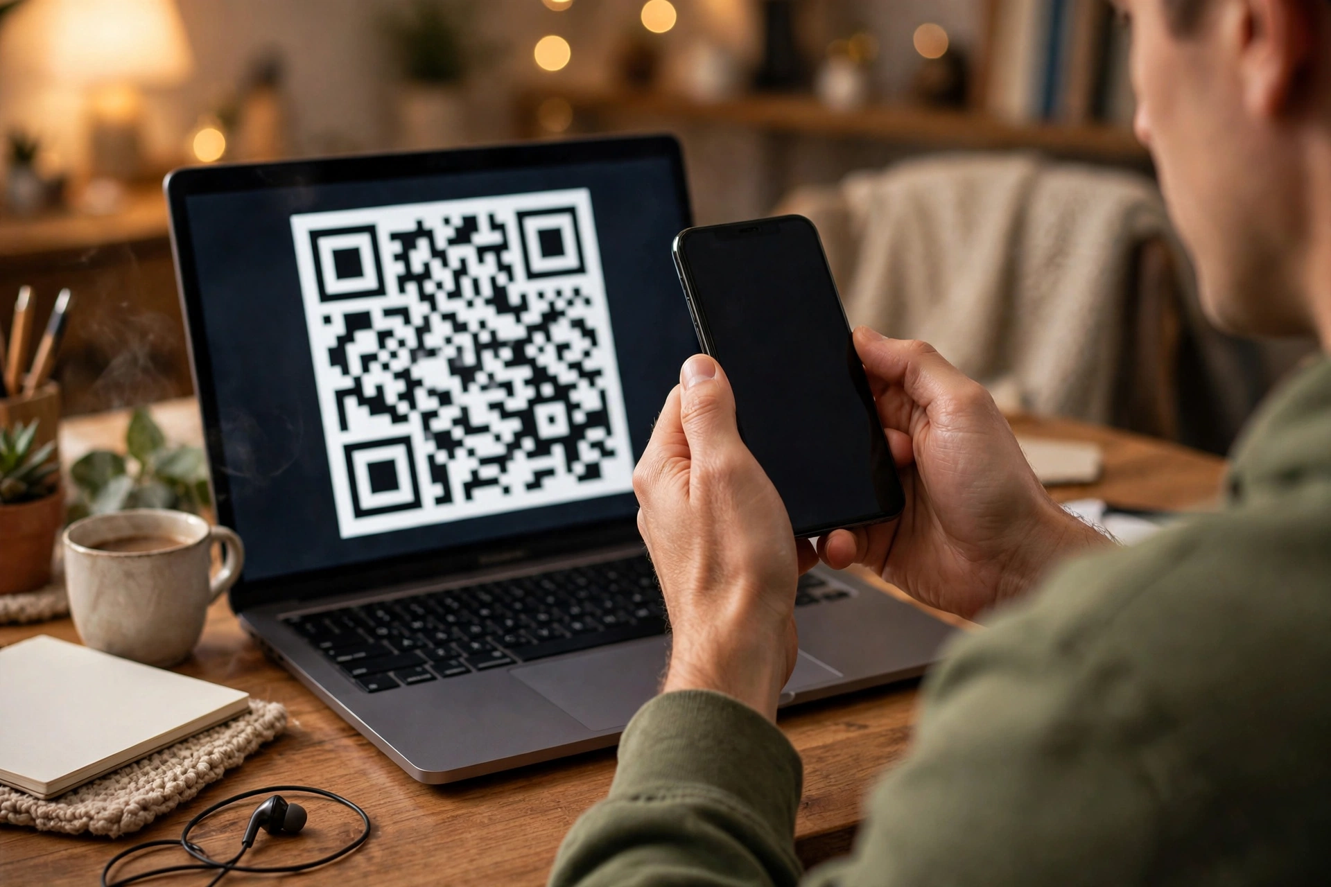 Hands holding a smartphone next to a laptop screen showing a large QR code for linking devices
