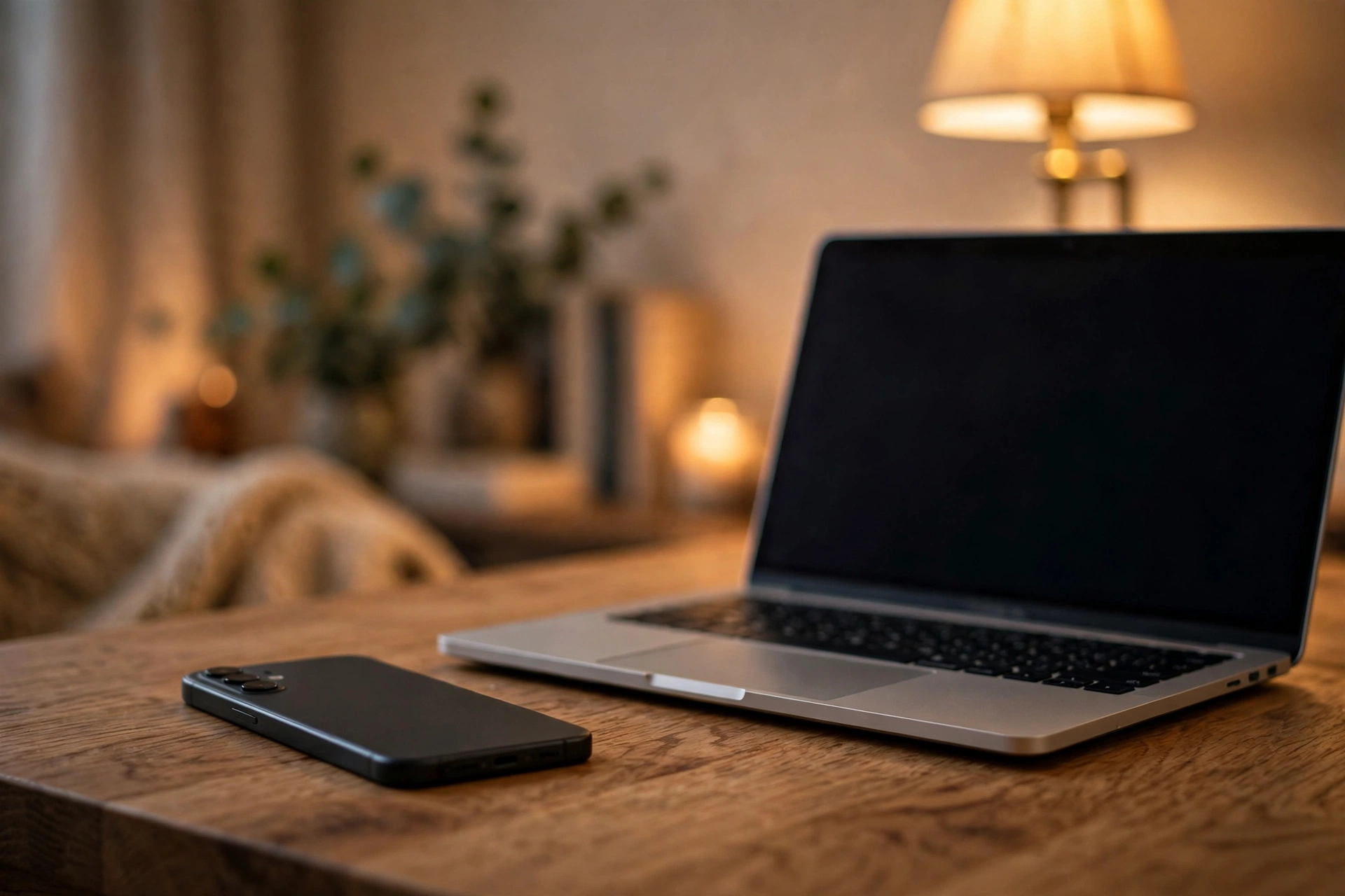 Smartphone lying on a wooden desk next to an open laptop in soft evening light