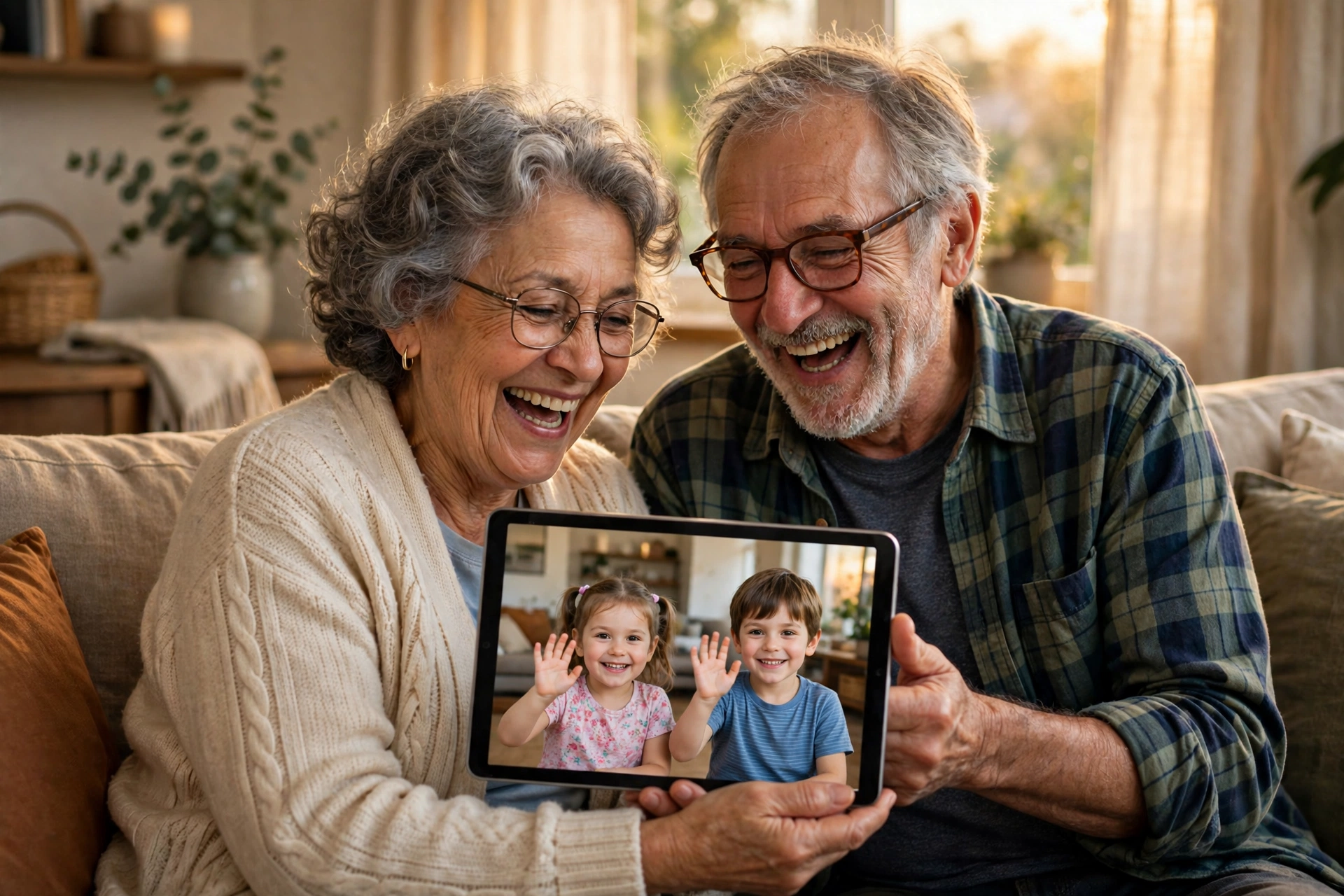 Grandparents laughing at a tablet showing their grandchildren on a video call