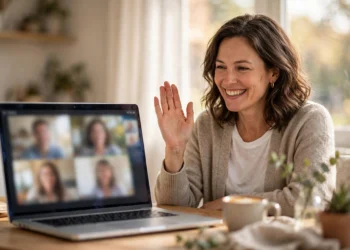 Woman waving hello during a video call on her laptop at a bright home desk