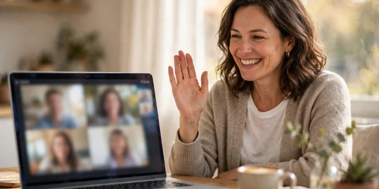 Woman waving hello during a video call on her laptop at a bright home desk