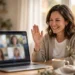 Woman waving hello during a video call on her laptop at a bright home desk