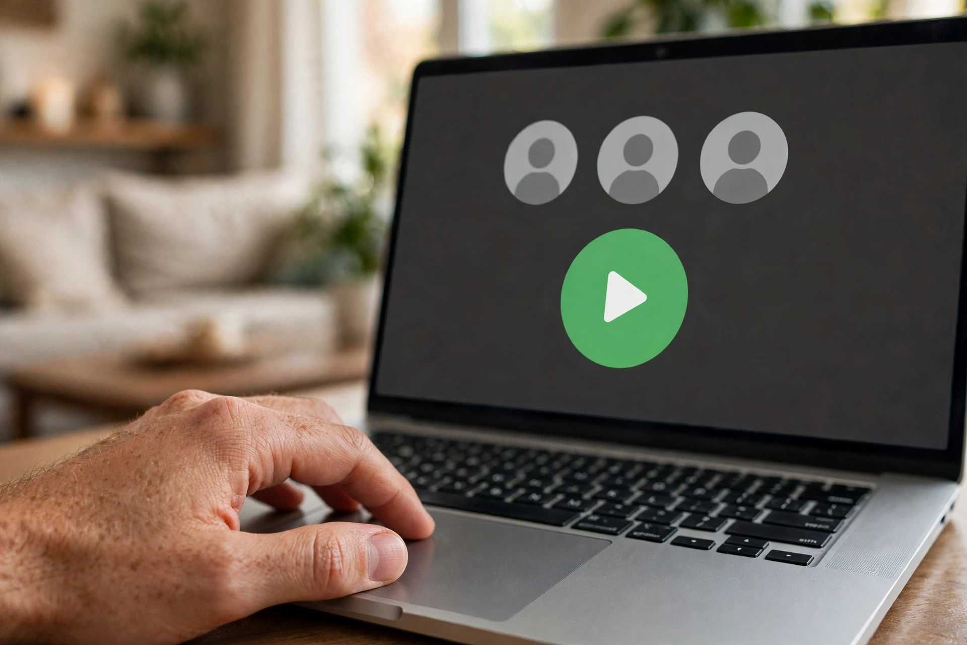Hand on a laptop trackpad in front of a video-call join screen