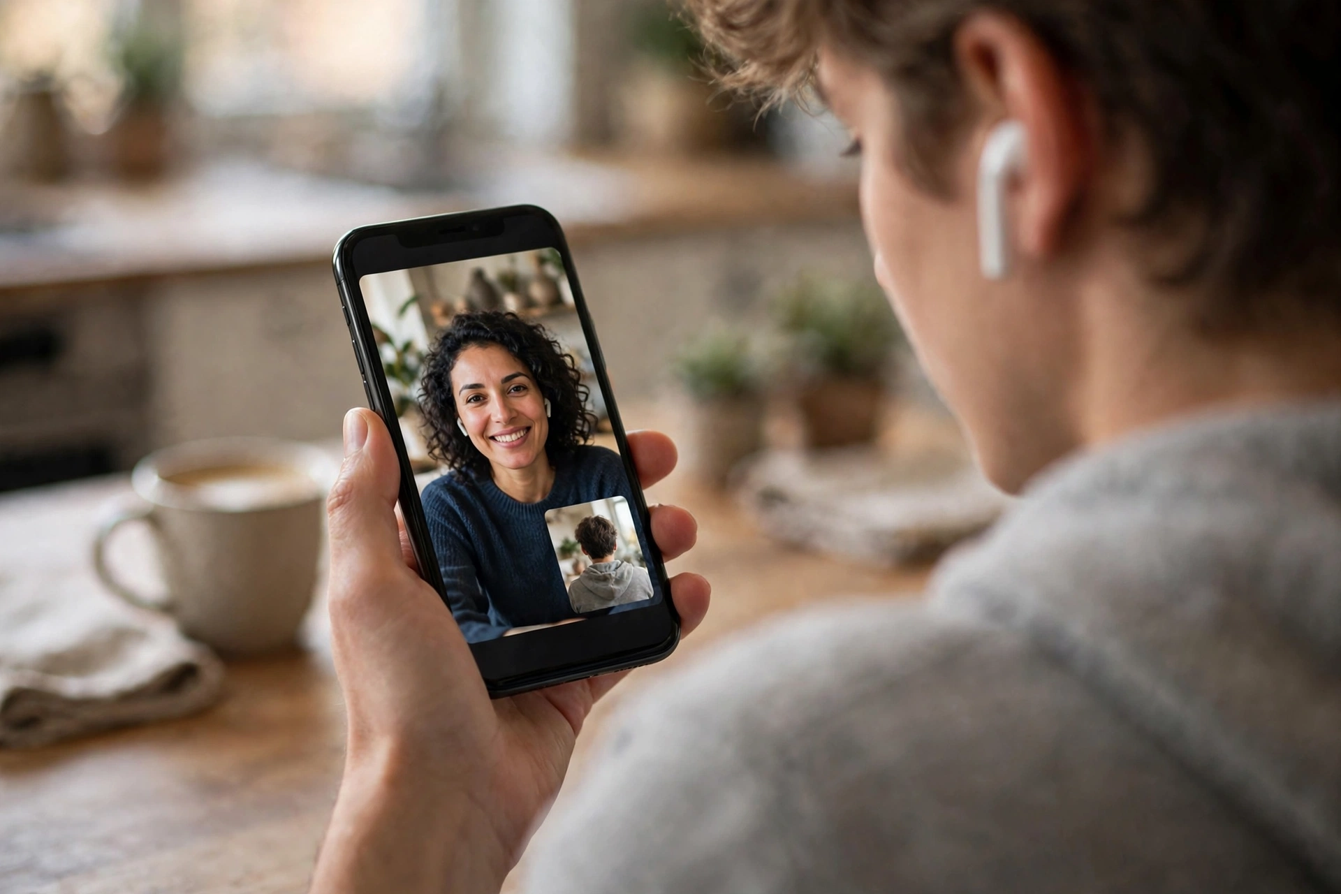Person holding a smartphone showing a video call, wearing earbuds at a kitchen table